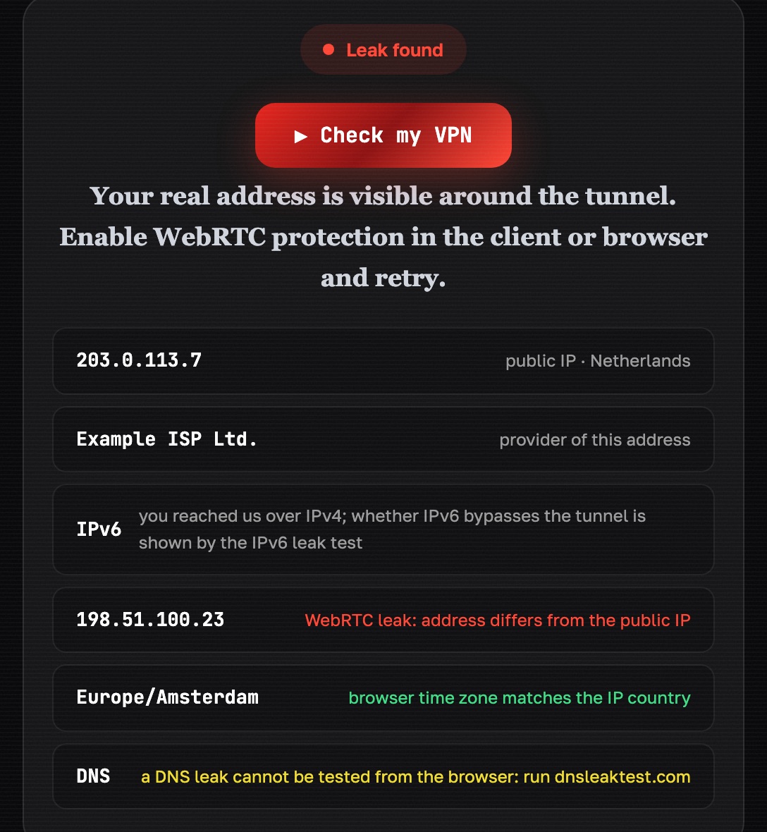 404 VPN check result showing a WebRTC leak: the address seen through WebRTC differs from the public IP